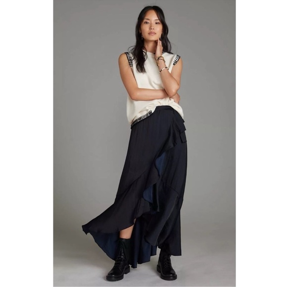 Maeve / Anthropologie Ruffle Wrap Midi Skirt Black Medium